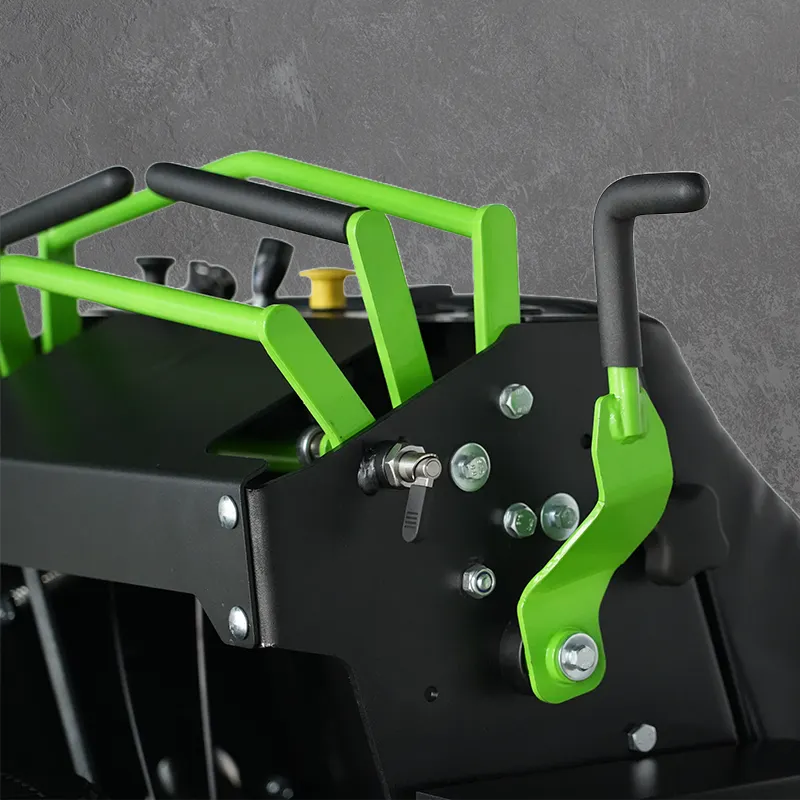 A close-up of a black and green machine handle and control assembly with bolts and levers against a dark textured background.