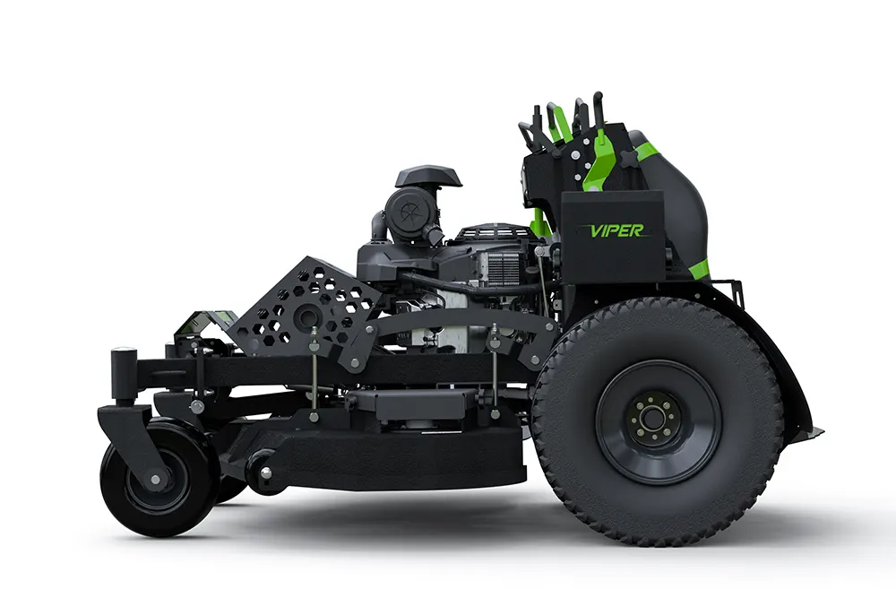 A black and green Viper ride-on lawn mower shown in side view on a white background, with a large rear wheel and front caster wheel.