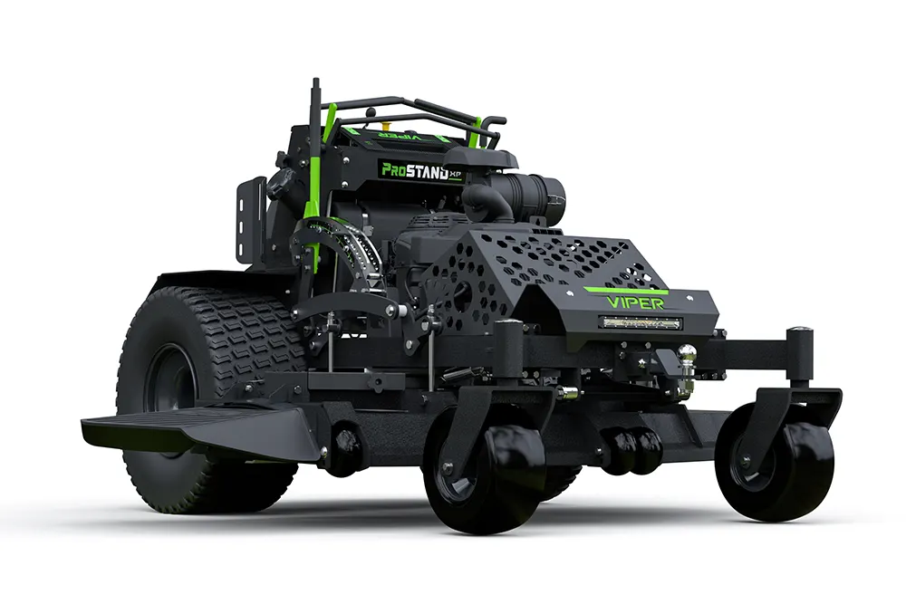 A black and green ProTanki Viper lawn mower with large rear tires and front caster wheels, shown on a white background.