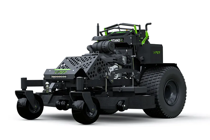 A black stand-on lawn mower from the ProStand Series is shown on a white background, with large rear tires and a wide front cutting deck.